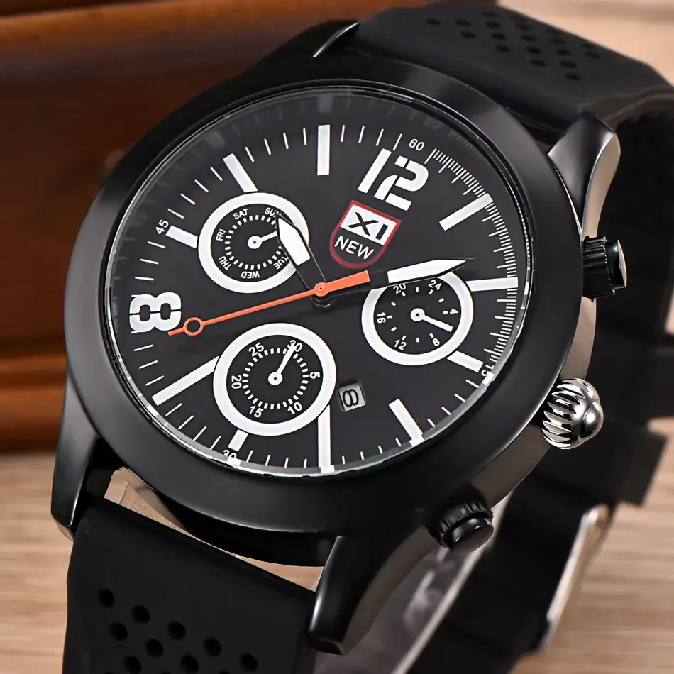 Men's Chronograph Quartz Watch Black Silicone Strap - Image 16
