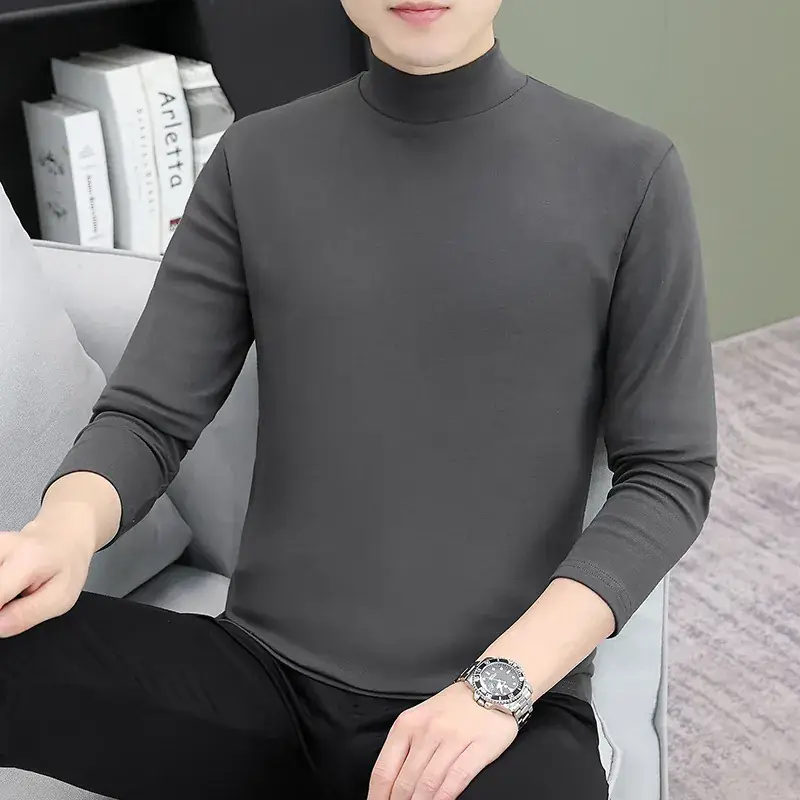 Men's Grey Turtleneck Long Sleeve T-Shirt - Image 6