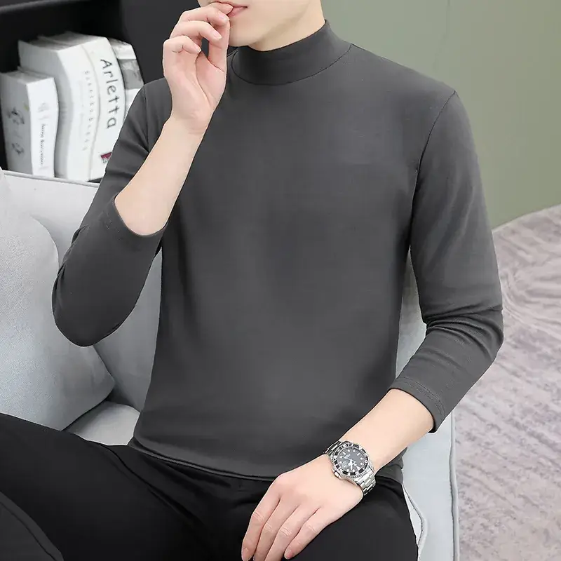 Men's Grey Turtleneck Long Sleeve T-Shirt - Image 2