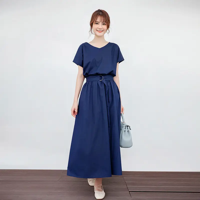 Black V-Neck Belted Mid-Length Dress for Women