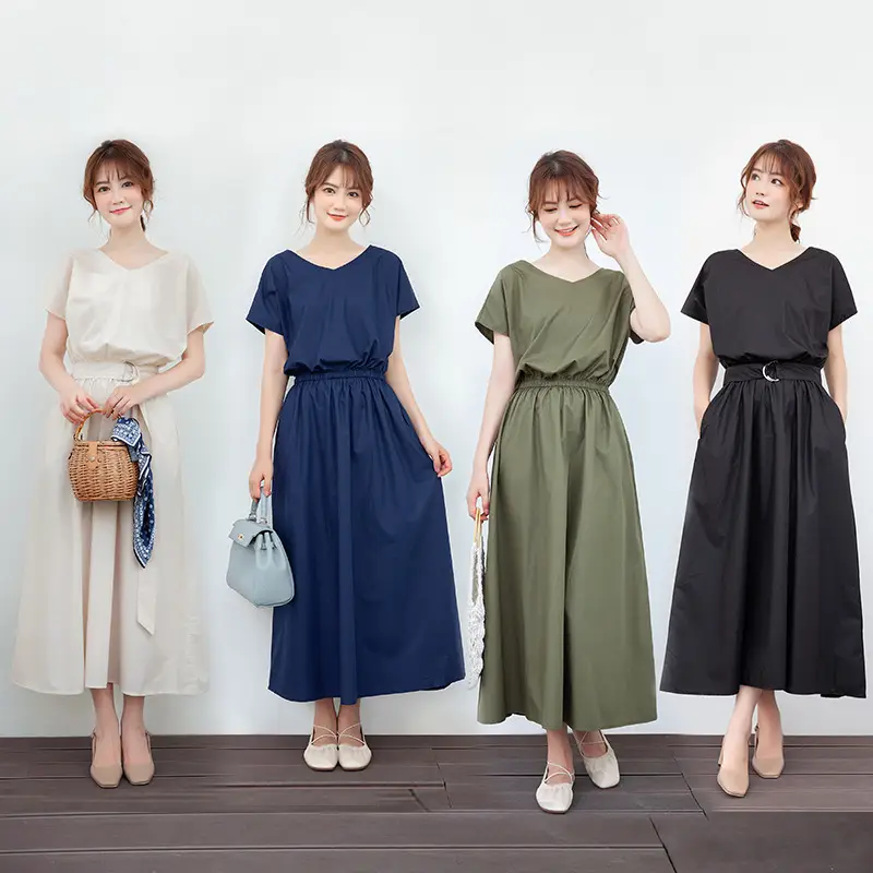 Black V-Neck Belted Mid-Length Dress for Women