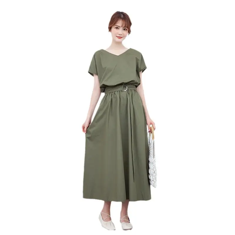 Black V-Neck Belted Mid-Length Dress for Women
