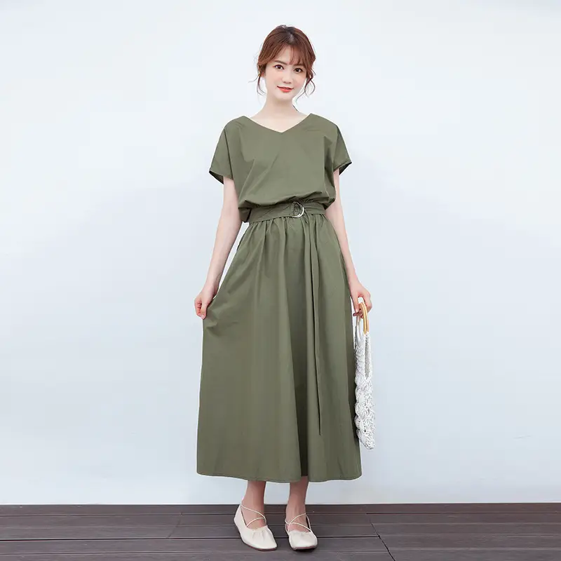 Black V-Neck Belted Mid-Length Dress for Women