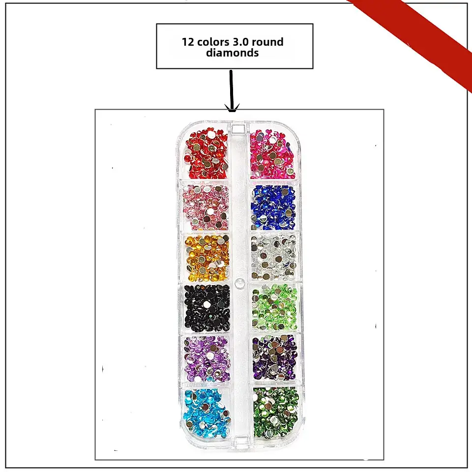 12 Colors 3.0 Round Diamond Nail Flat Resin Set - Image 3