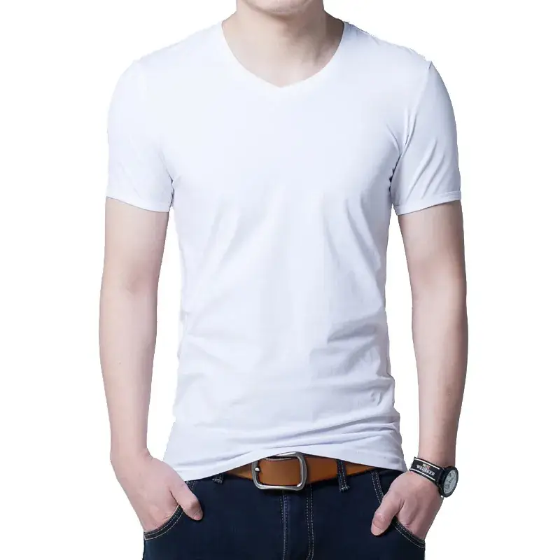 Men White V-Neck Slim Fit T-Shirt Lycra Cotton - Image 15