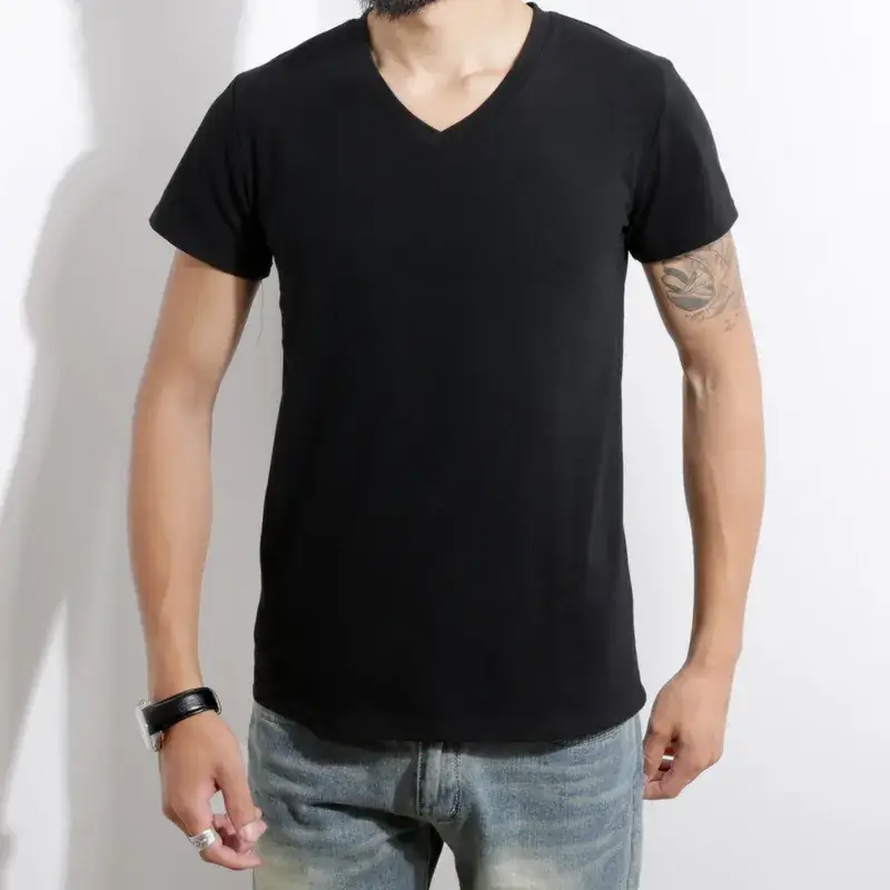 Men White V-Neck Slim Fit T-Shirt Lycra Cotton - Image 2