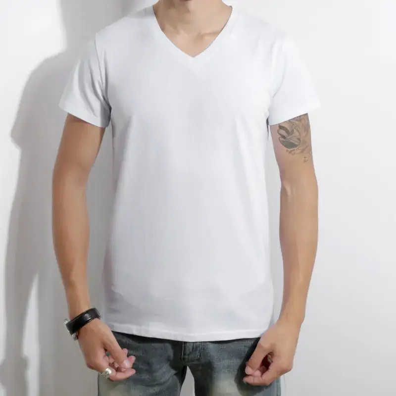 Men White V-Neck Slim Fit T-Shirt Lycra Cotton - Image 4
