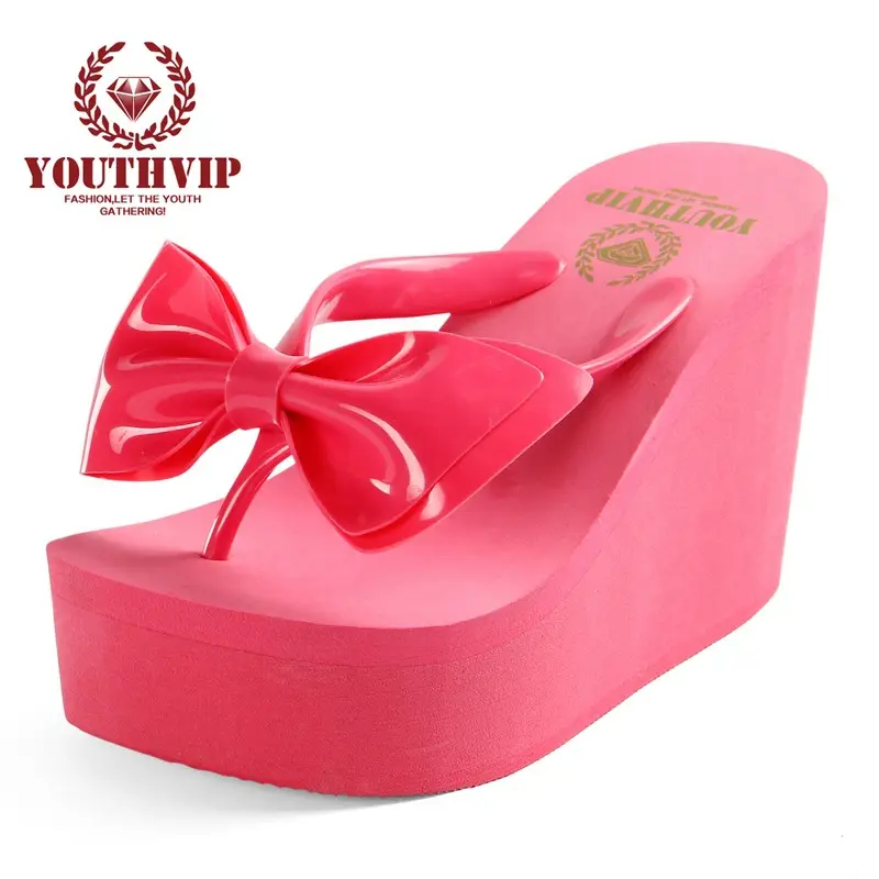 New Foreign Trade Wedge Slippers Women's Bow High-heeled Solid Color Flip-flops Women's Sandals Factory Wholesale - Image 2