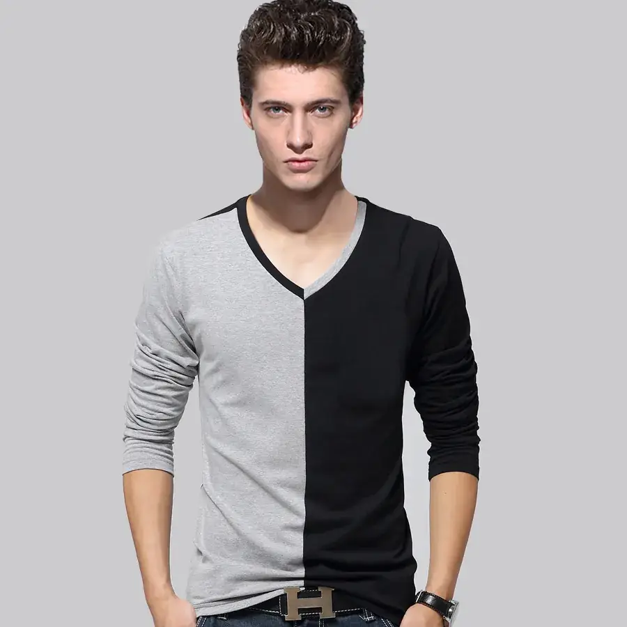 Men Geometric V-Neck Long Sleeve T-Shirt Black Grey - Image 2