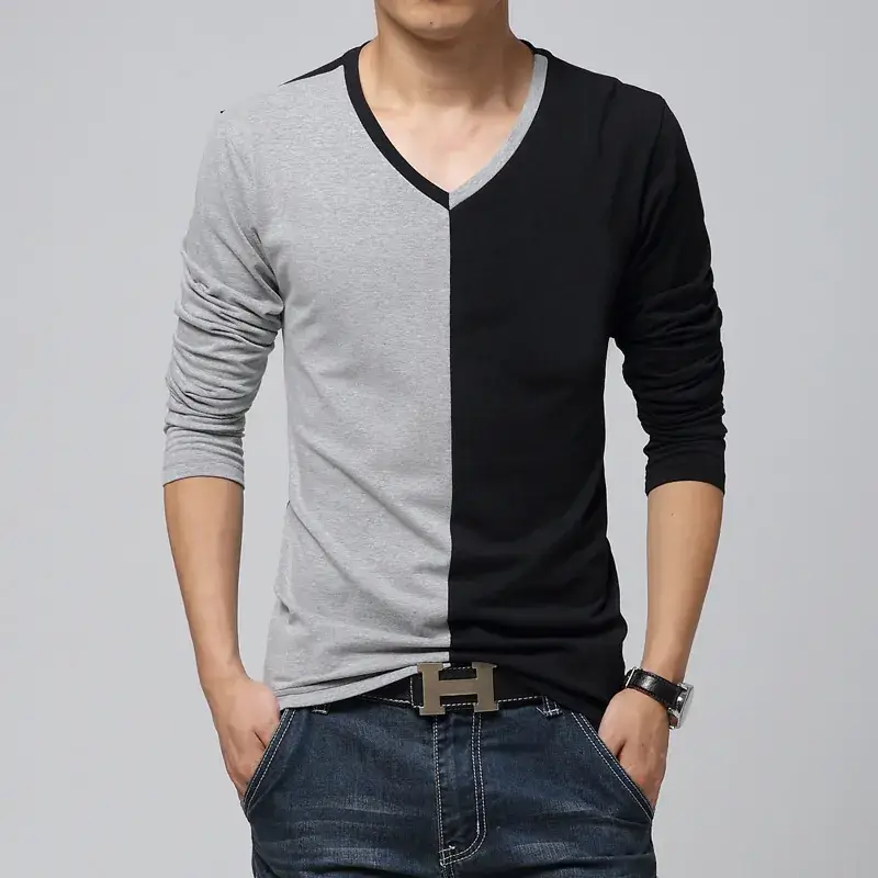 Men Geometric V-Neck Long Sleeve T-Shirt Black Grey - Image 3
