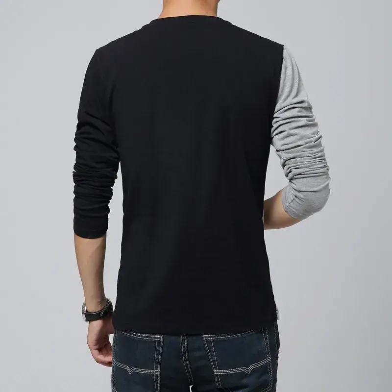 Men Geometric V-Neck Long Sleeve T-Shirt Black Grey - Image 4