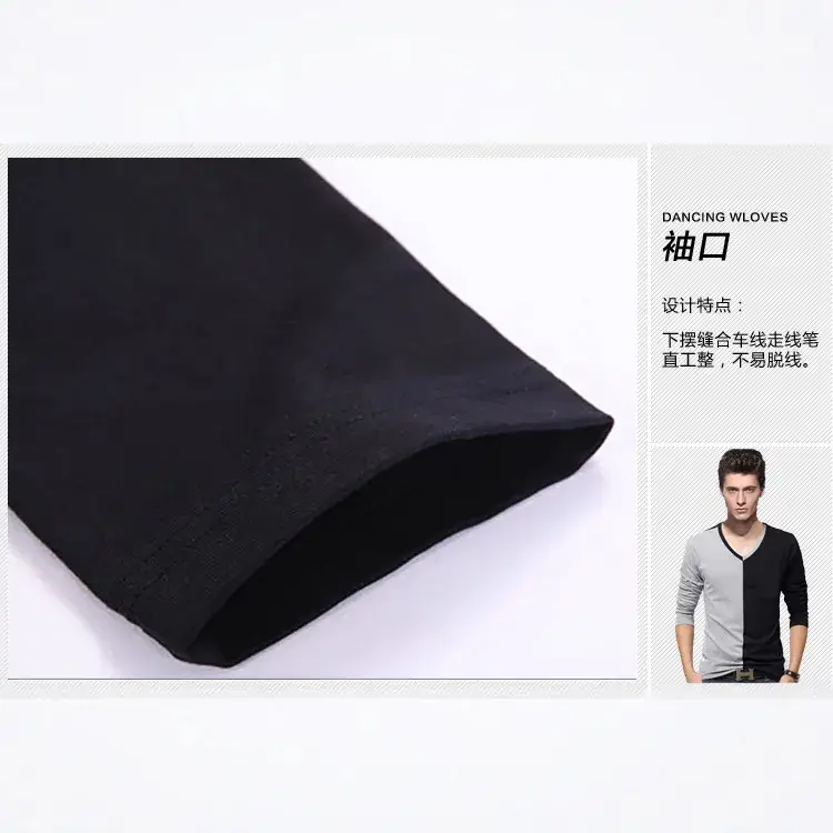 Men Geometric V-Neck Long Sleeve T-Shirt Black Grey - Image 6