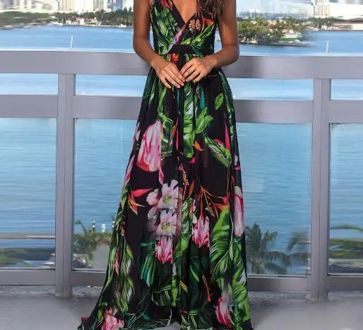 2020 Printed Floral Beach Dress Blue Women - Image 4
