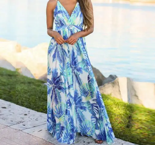 2020 Printed Floral Beach Dress Blue Women - Image 5