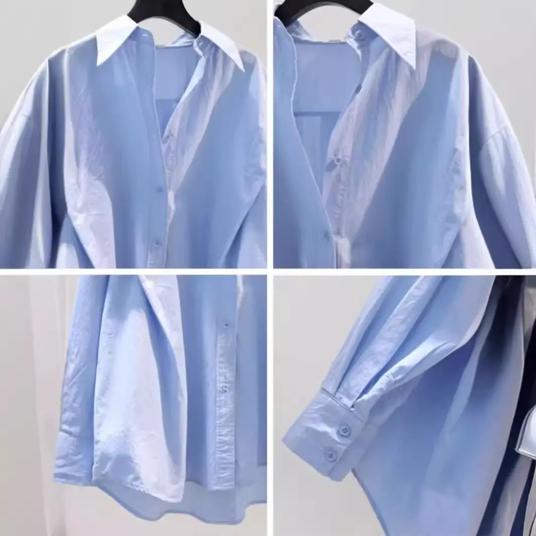 Light Blue Ruffled Long Sleeve Women's Shirt - Image 3