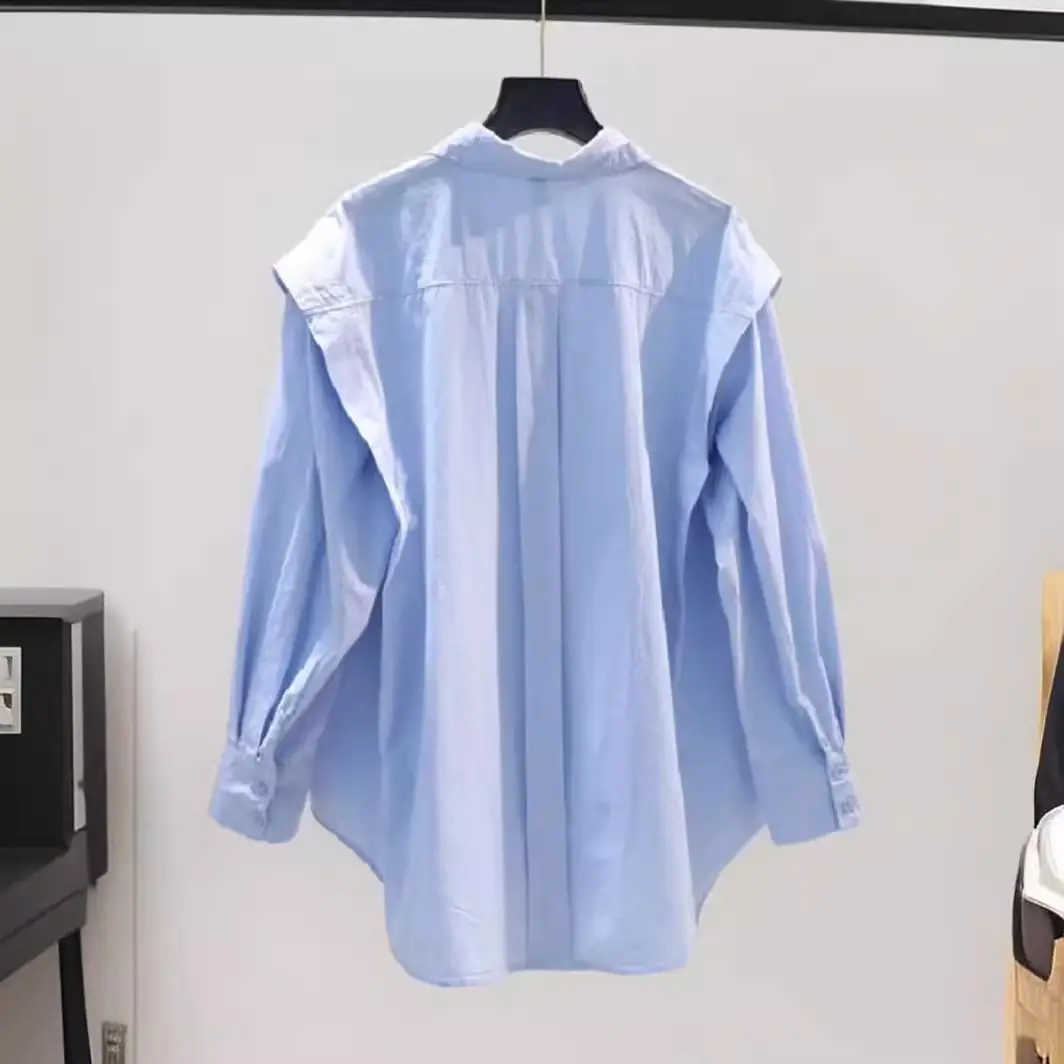 Light Blue Ruffled Long Sleeve Women's Shirt - Image 4