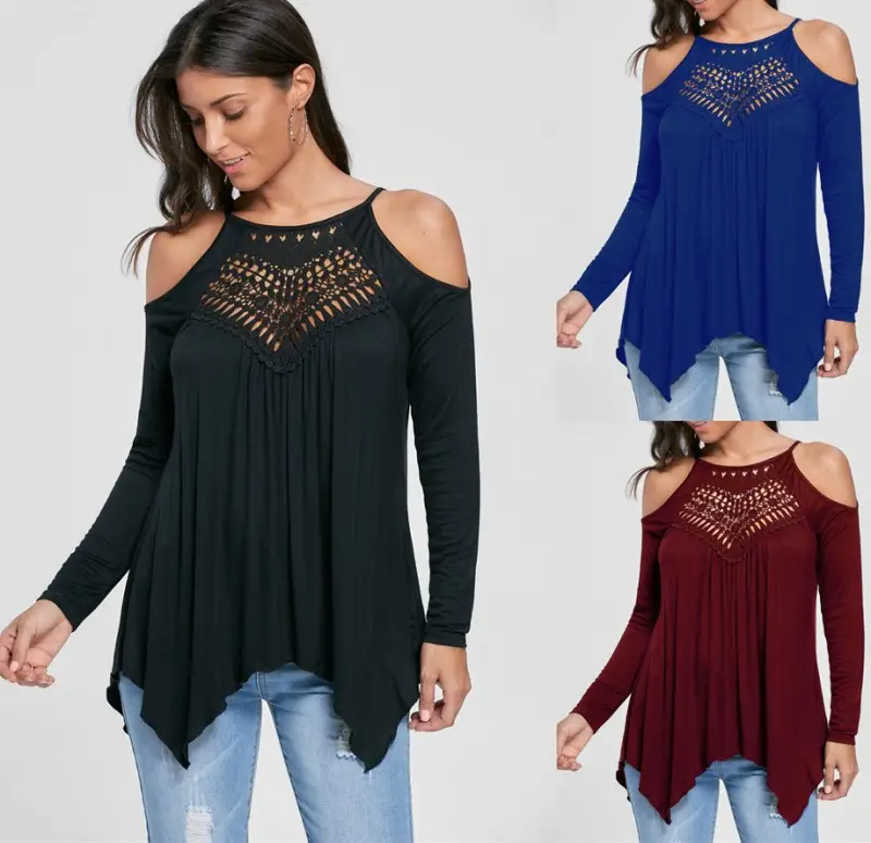 Blue Cold Shoulder Long Sleeve T-Shirt for Women - Image 8
