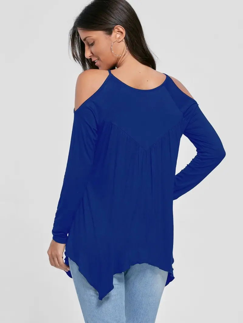 Blue Cold Shoulder Long Sleeve T-Shirt for Women - Image 9