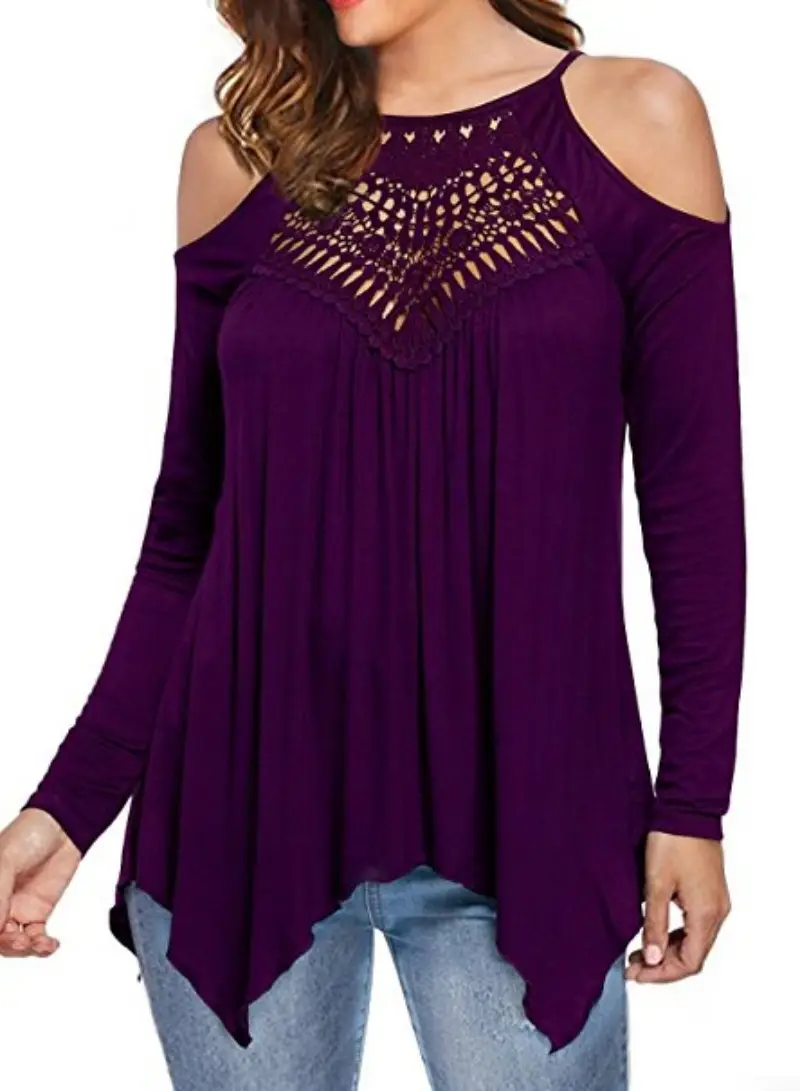 Blue Cold Shoulder Long Sleeve T-Shirt for Women - Image 3