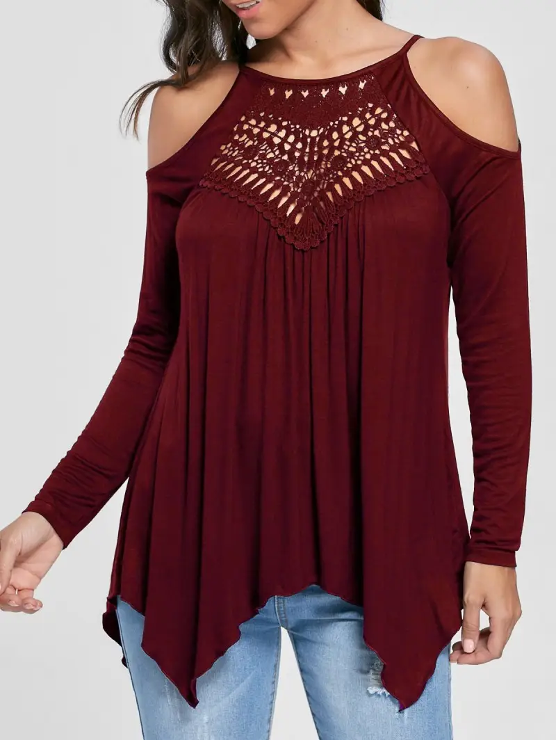 Blue Cold Shoulder Long Sleeve T-Shirt for Women - Image 4