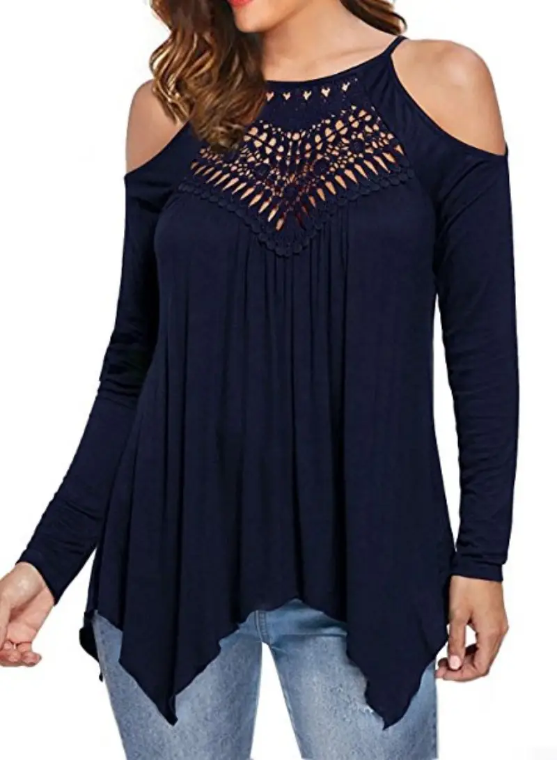 Blue Cold Shoulder Long Sleeve T-Shirt for Women - Image 7