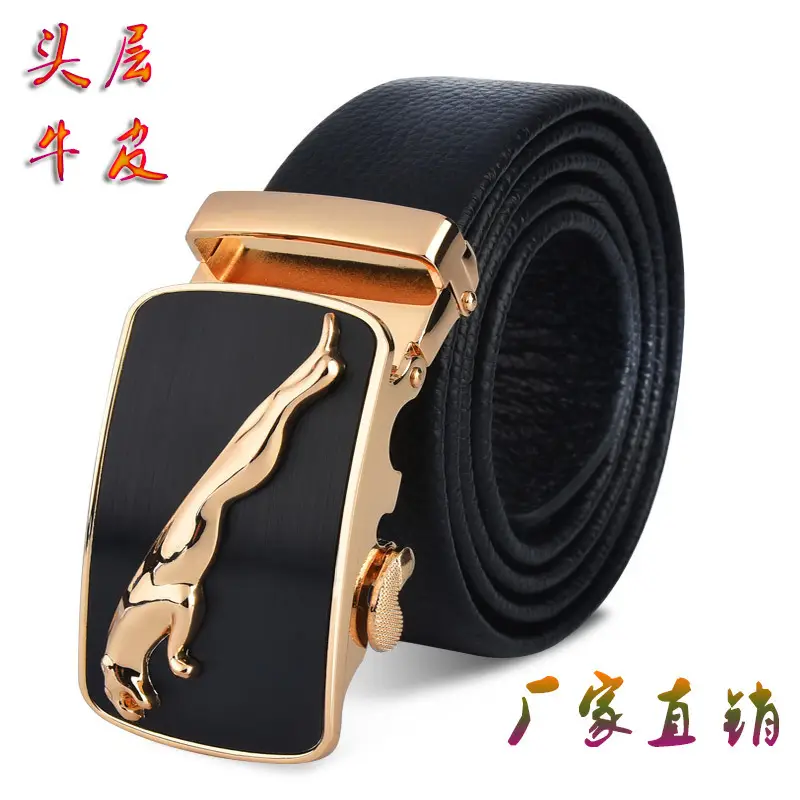 Men's Black Automatic Buckle Leather Belt with Gold Plated Design - Image 7
