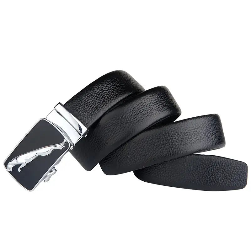 Men's Black Automatic Buckle Leather Belt with Gold Plated Design - Image 9