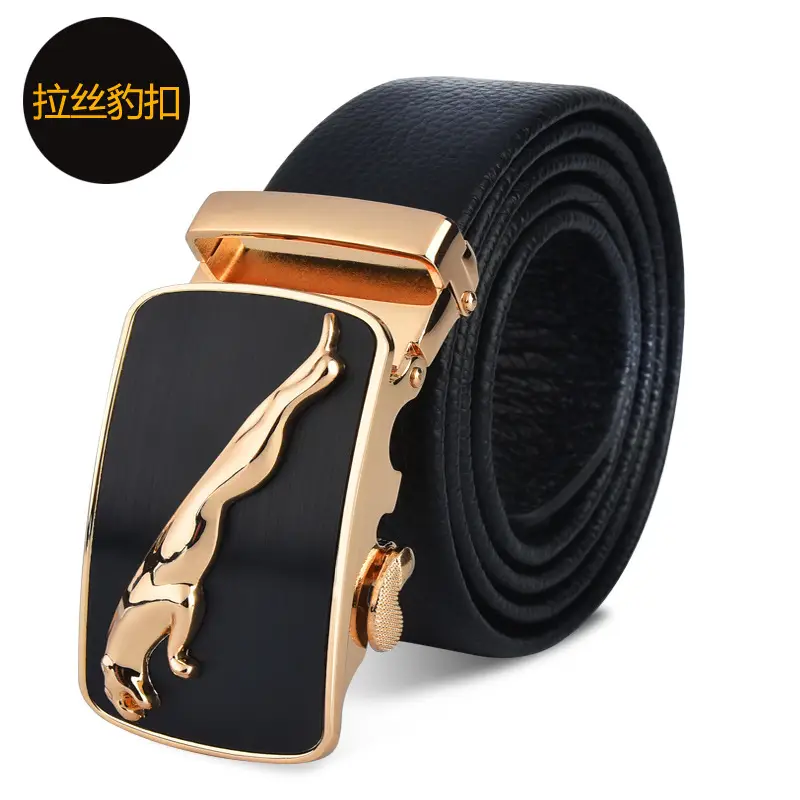 Men's Black Automatic Buckle Leather Belt with Gold Plated Design