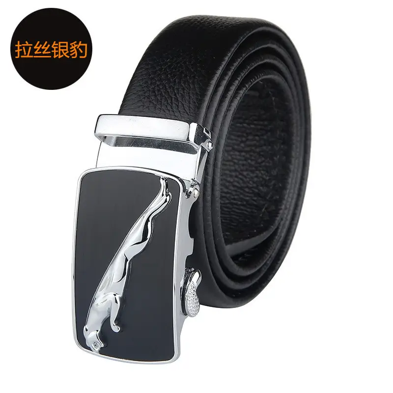 Men's Black Automatic Buckle Leather Belt with Gold Plated Design - Image 2