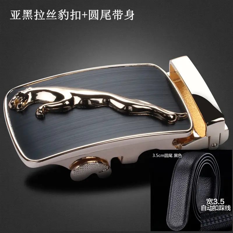 Men's Black Automatic Buckle Leather Belt with Gold Plated Design - Image 3