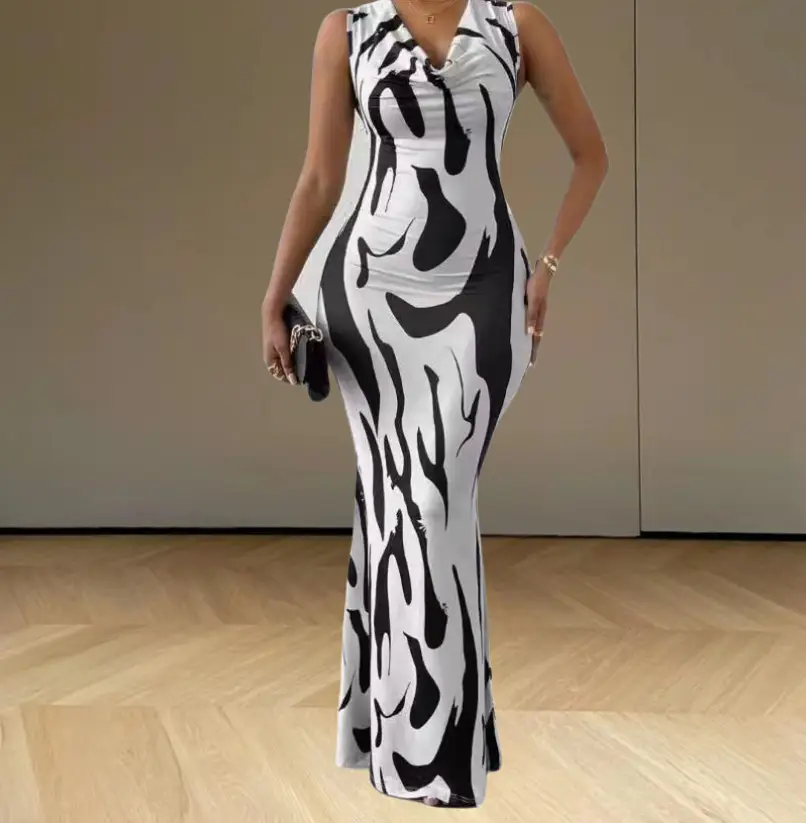 2024 V-Neck Hot Girl Skirt Dress Black White - Image 3