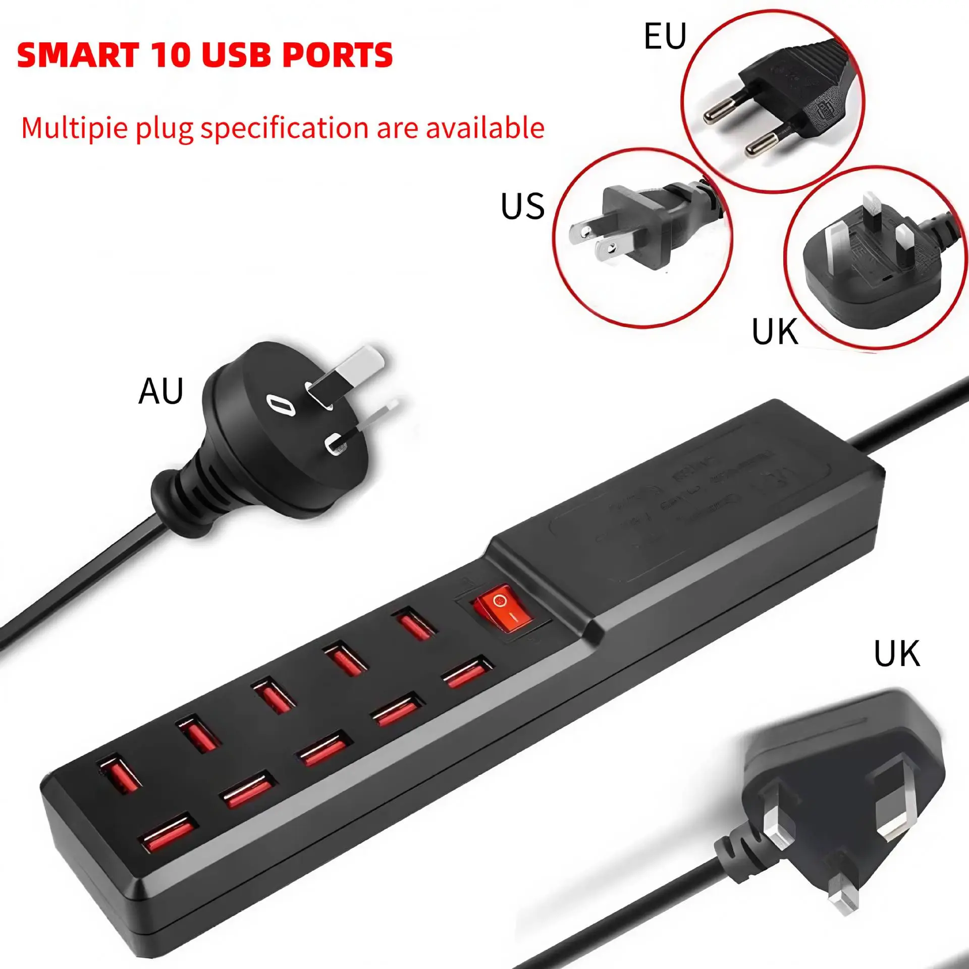 White 10-Port USB Charger for British & American UK Mobile Phones