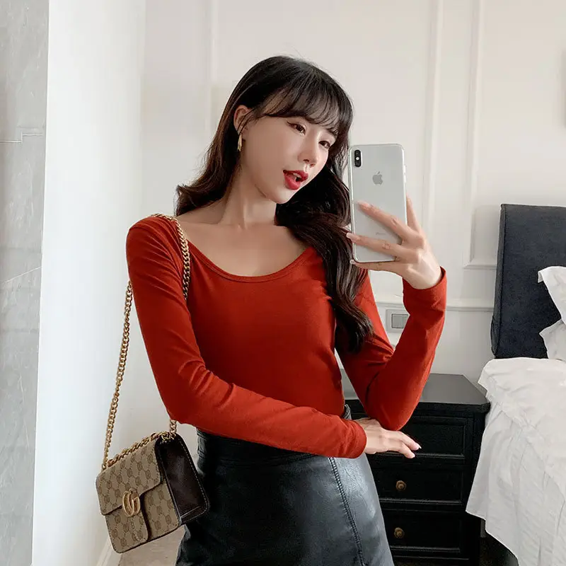 Women Slim Fitting Red Long Sleeve Top with Double U Neck - Image 9