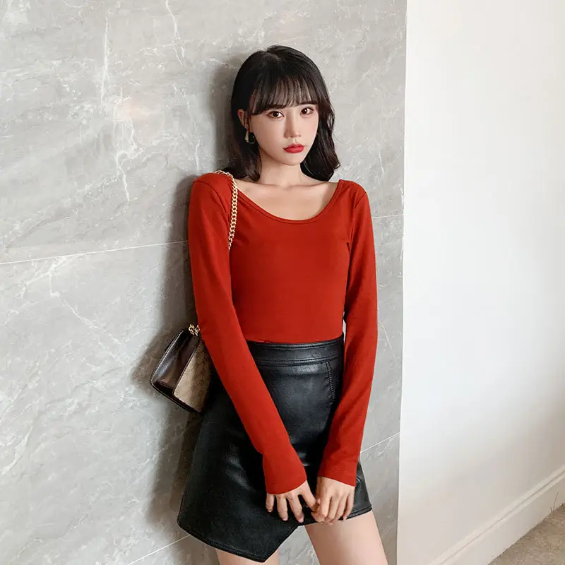 Women Slim Fitting Red Long Sleeve Top with Double U Neck - Image 10