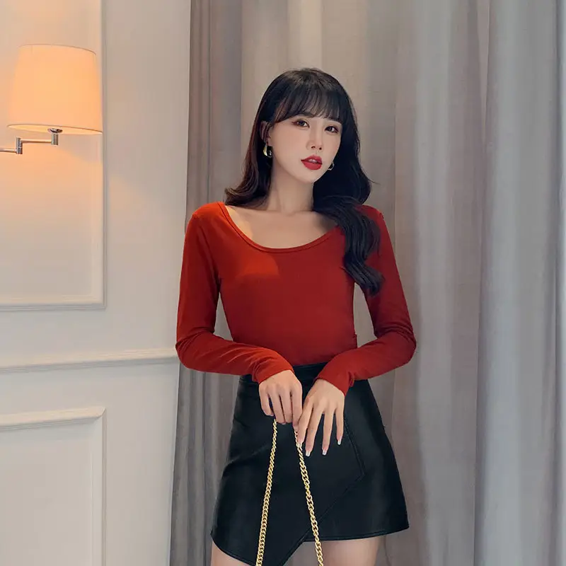 Women Slim Fitting Red Long Sleeve Top with Double U Neck - Image 11
