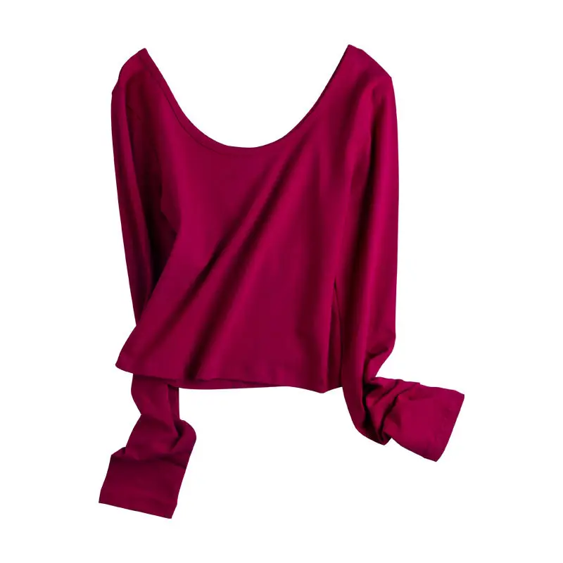 Women Slim Fitting Red Long Sleeve Top with Double U Neck - Image 4
