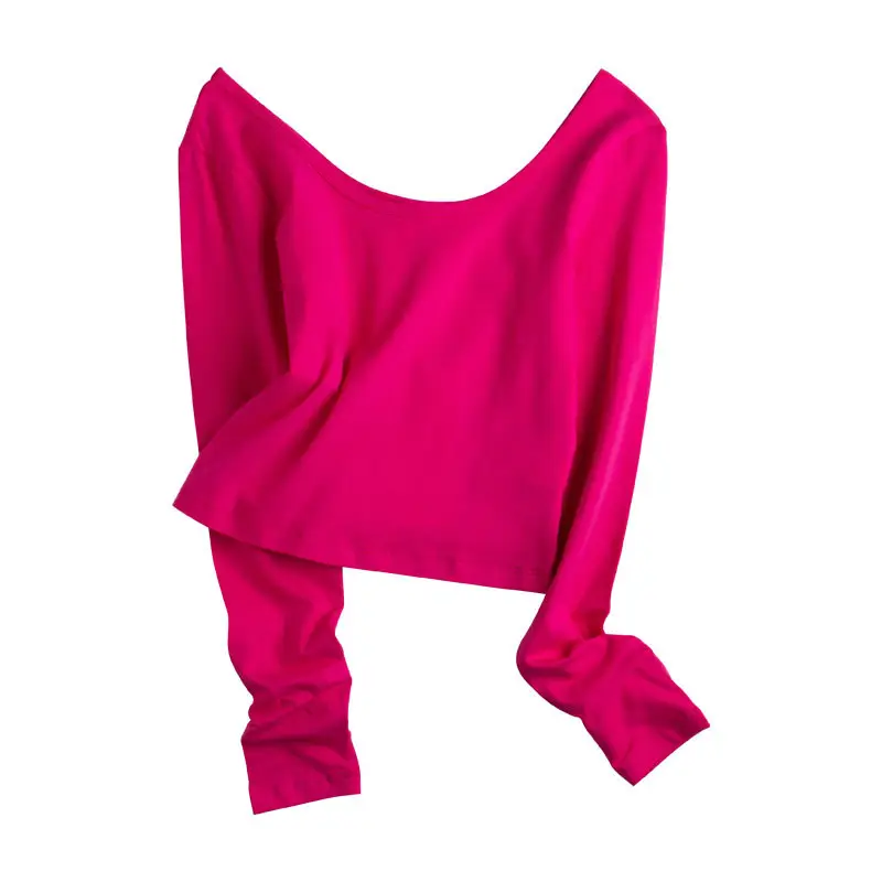 Women Slim Fitting Red Long Sleeve Top with Double U Neck - Image 5