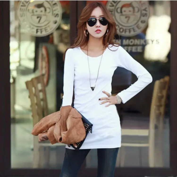 Women Korean Long Sleeve T-Shirt Dress Navy Blue