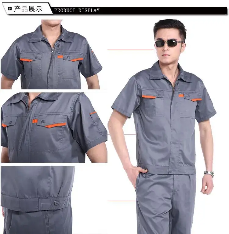 Men Grey Short Sleeve Work Suit with Orange Accents