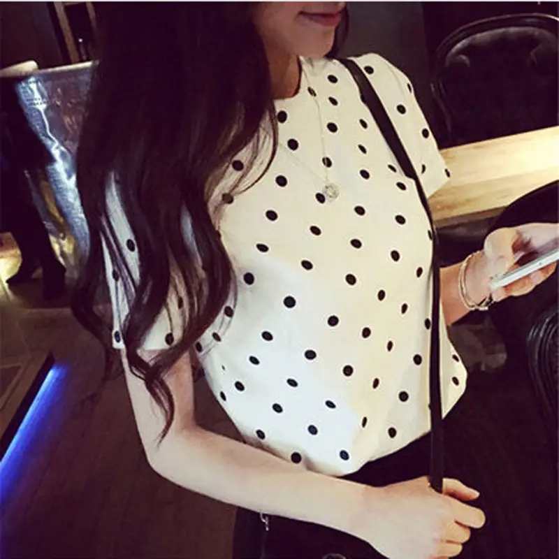 Women Polka Dot Short Sleeve T-Shirt White - Image 2