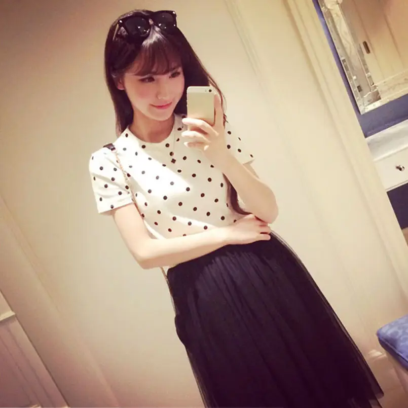 Women Polka Dot Short Sleeve T-Shirt White - Image 3