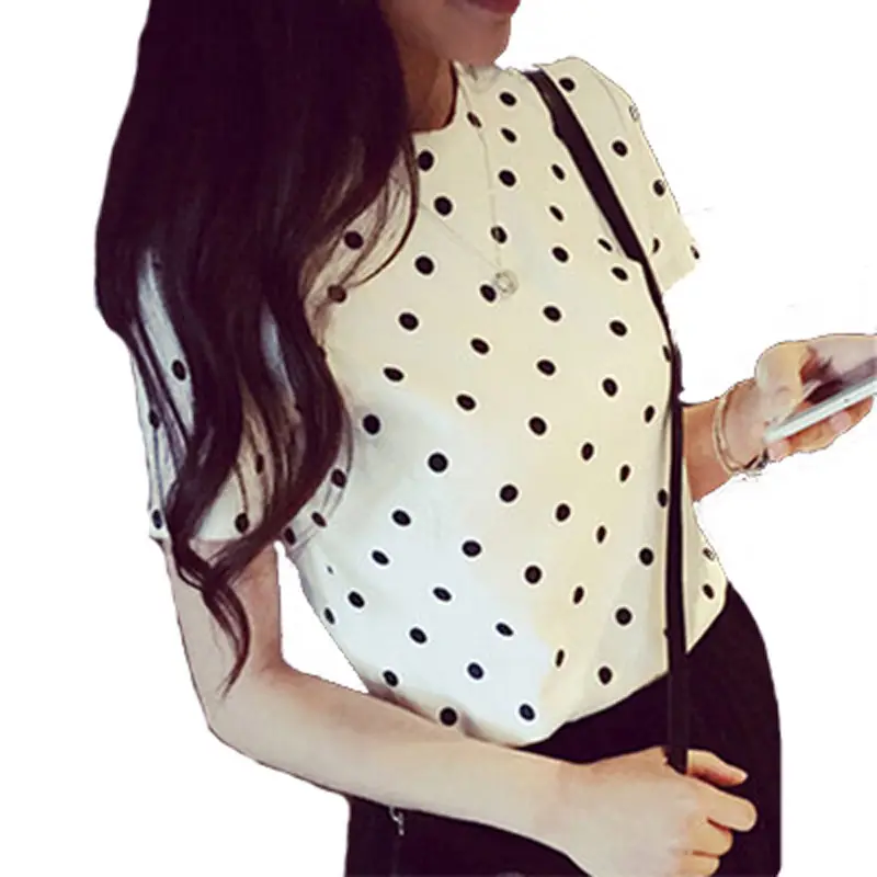 Women Polka Dot Short Sleeve T-Shirt White - Image 5