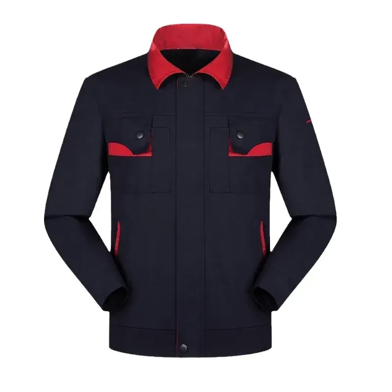 Men's Navy Blue Red Collar Work Shirt with Red Pockets - Image 8
