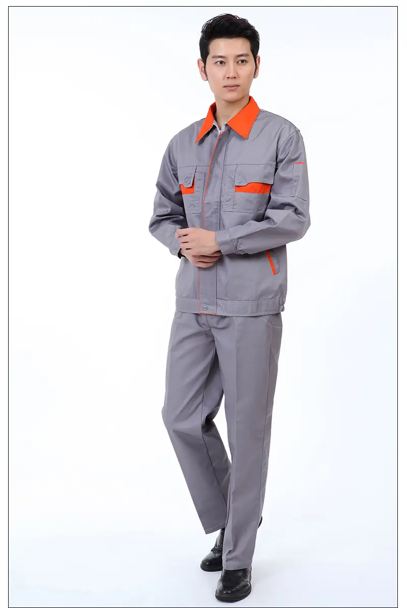 Men's Navy Blue Red Collar Work Shirt with Red Pockets — feature 21