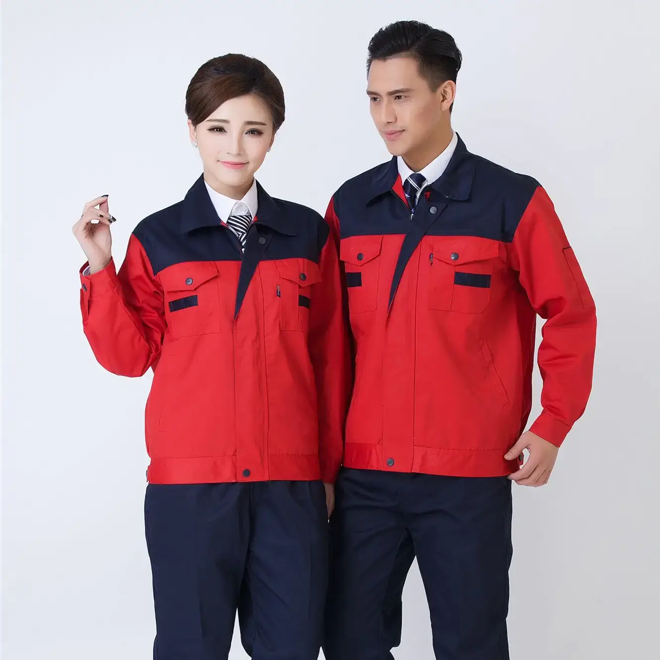 Men & Women Red Blue Work Jacket Set Long Sleeve Factory Work