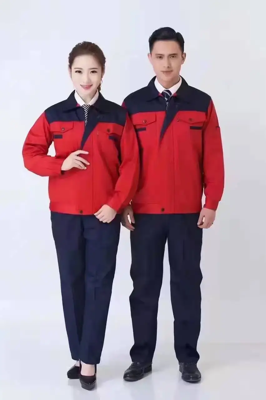 Men & Women Red Blue Work Jacket Set Long Sleeve Factory Work