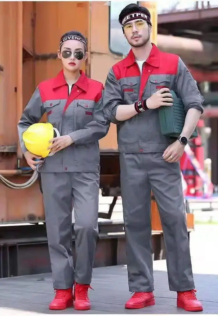 Men & Women Red Blue Work Jacket Set Long Sleeve Factory Work