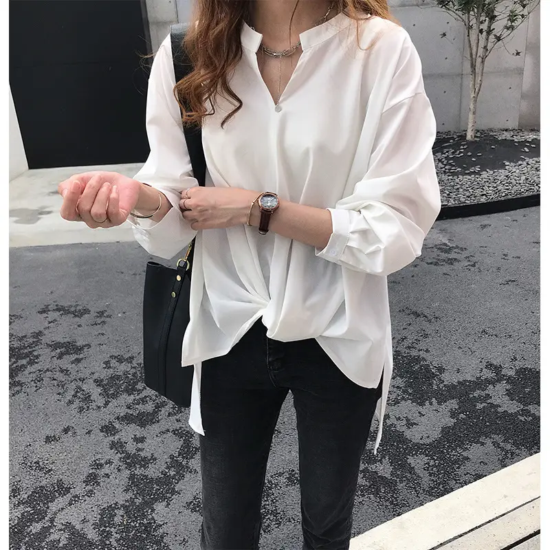 Autumn Chiffon Long Sleeve Shirt Women White Loose Fit