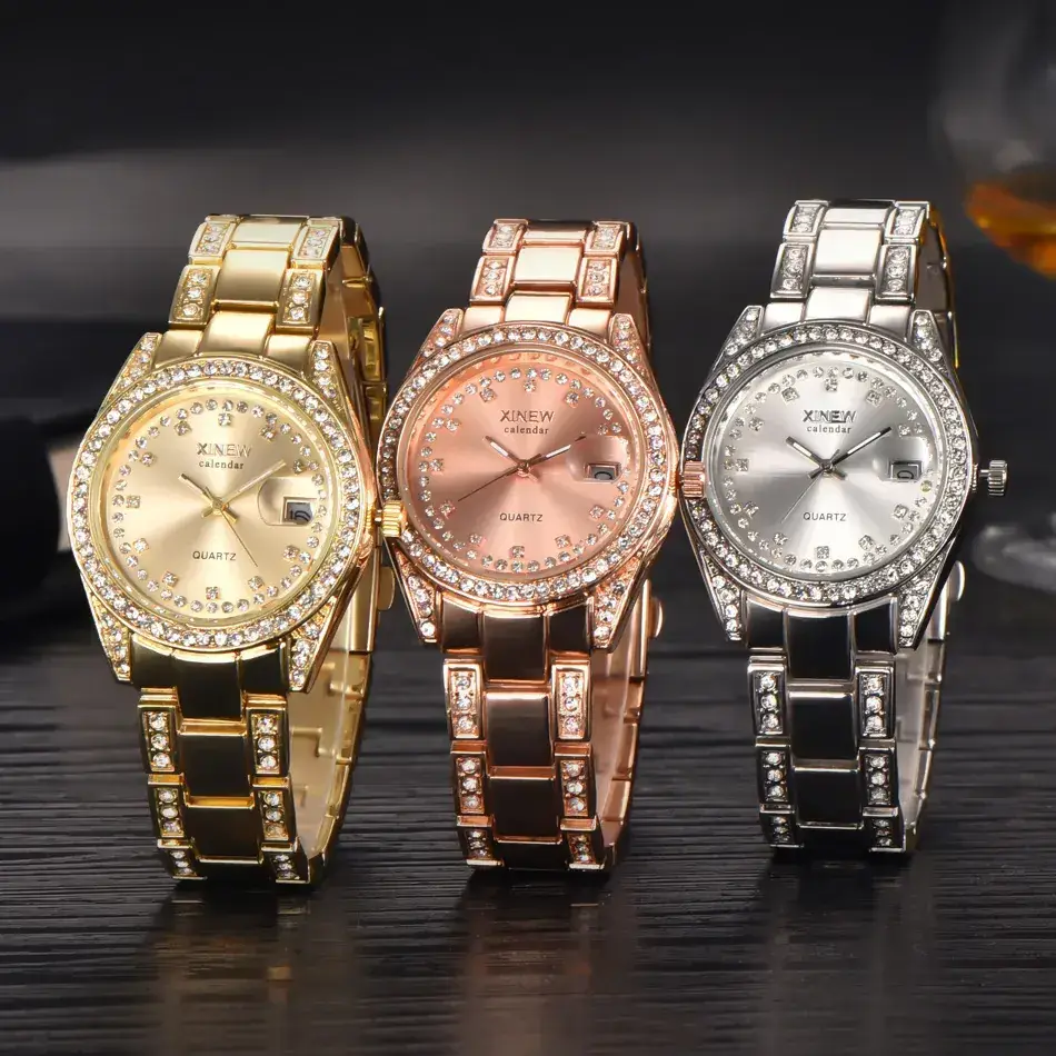 Xinew Gold Quartz Women's Watch with Diamond Band