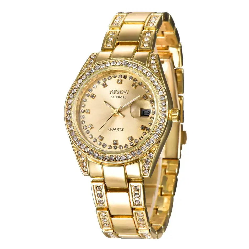 Xinew Gold Quartz Women's Watch with Diamond Band